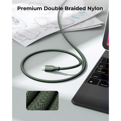 Voltme Powerlink Rugg Double Nylon Cable Type C to Lightning 3A / 2.0M ZincAlloy Connector Green