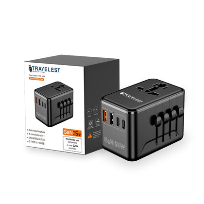Travelest Universal Travel Adapter GaN 35W with 3 USB-C & 2 USB-A, AC 2500W with Resettable Fuse Works with 220+ Countries