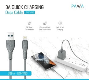 Pawa USB-A to Lighting 3A Quick Charging PVC Cable 1.2m/4ft Grey