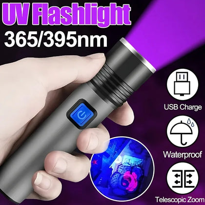395nm Zoomable USB Rechargeable UV Light Ultraviolet Flashlight for Pet Urine Detector Resin Curing