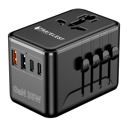 Travelest Universal Travel Adapter GaN 35W with 3 USB-C & 2 USB-A, AC 2500W with Resettable Fuse Works with 220+ Countries