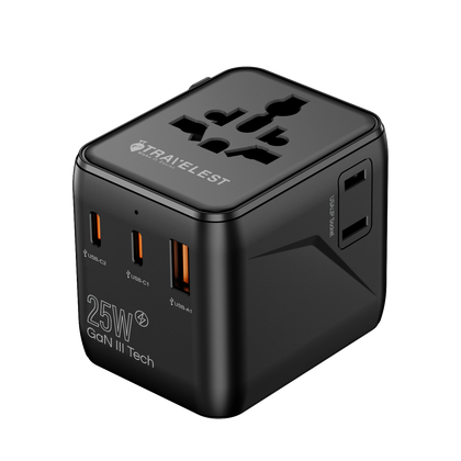 Travelest Universal Travel Adapter GaN 25W with 2 USB-C & 1 USB-A, AC 2500W, Works with 200+ Countries
