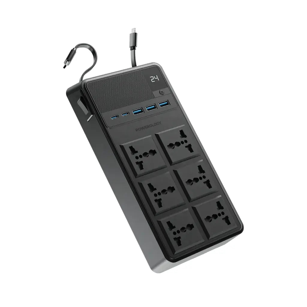 Powerology 2500W 6AC Power Strip with Built-In Retractable Cables - Black