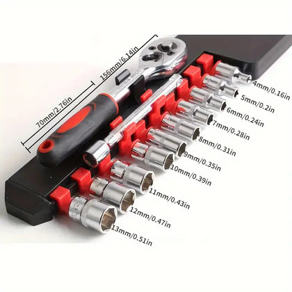 12pcs 1/4 Inch Ratchet Socket Wrench Set, Drive Socket Set With 10 Sockets, 4-13mm And 2 Way Quick Released Ratchet Handle And Extension Bar 1/4 New Upgrade Wrench Socket Set Hardware Car Boat Motorcycle Bicycle Repairing Tool
