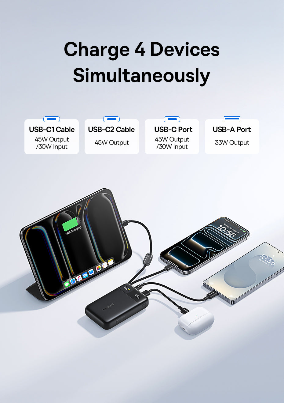 Baseus EnerFill FC11 Digital Display Power Bank with Dual Built-in USB-C Cables 20000mAh 45W - Cosmic Black
