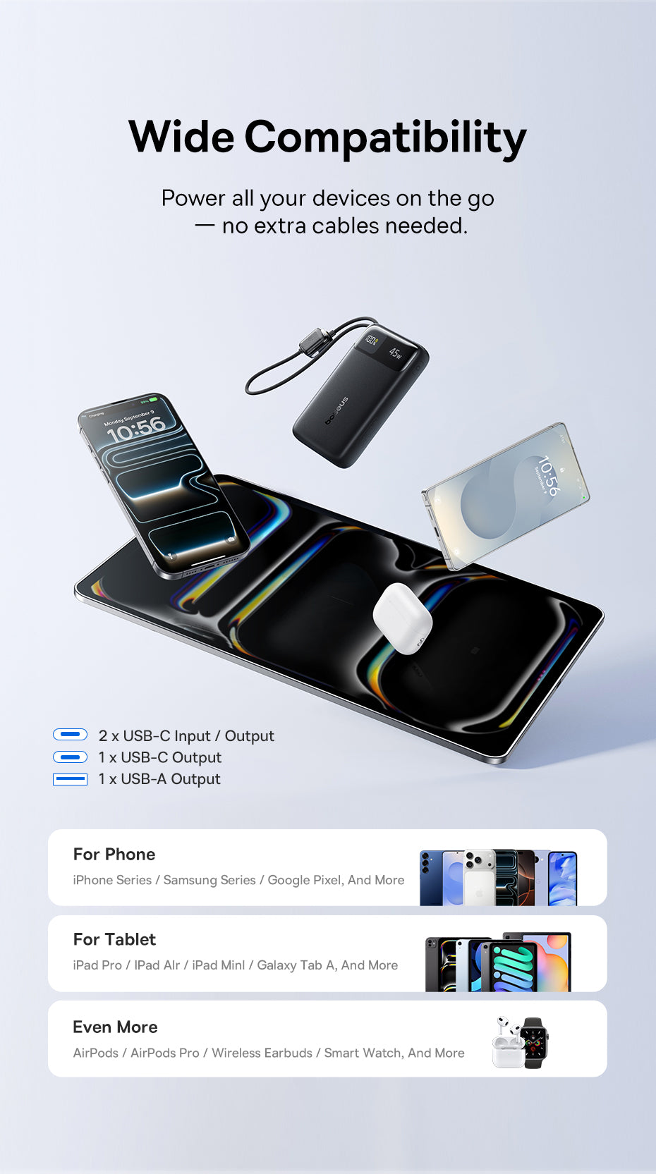 Baseus EnerFill FC11 Digital Display Power Bank with Dual Built-in USB-C Cables 20000mAh 45W - Cosmic Black