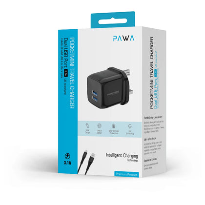 PAWA PocketMini Dual USB Travel Charger UK With Braided USB-A to Micro Cable