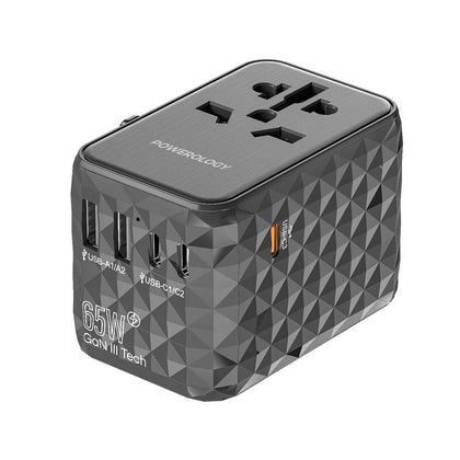 Powerology Universal Multi-Port Travel Adapter  With 3 Type-C Transparent Grey