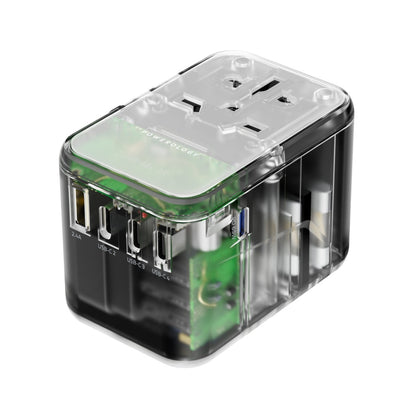 Powerology Universal Multi-Port Travel Adapter  With 4 Type-C Transparent Grey