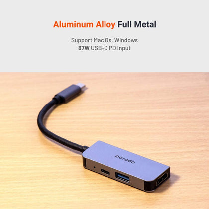 Porodo 3in1 Aluminum USB-C Hub 4K HDMI 87W Power Delivery and USB 2.0