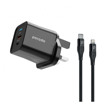 Porodo Dual Port PD + USB-A ( 35W+18W) Charger With Type-C To Lightning