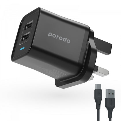 Porodo Dual Port Wall Charger 2.4A With 1.2m Type-C Cable