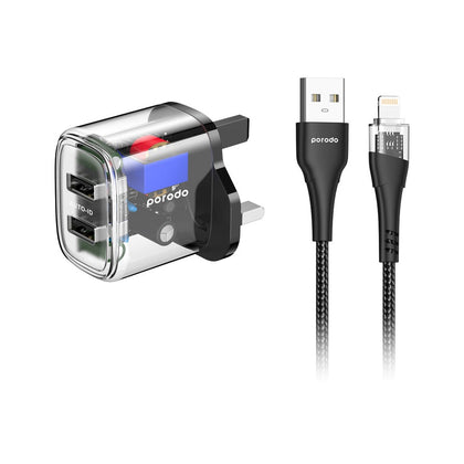 Porodo Dual Output Transparent Charger With 2.4A Auto ID Technology With USB-A To Lightning Cable 1.2m UK