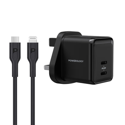 Powerology - Super Compact Gan Charger with (1.2m/4ft) USB-C To Lightning Cable