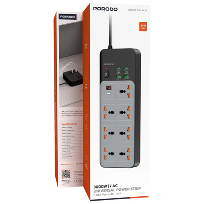 Porodo 3000W | 7AC Universal Power Strip with 6 USB Ports (4C + 2A)