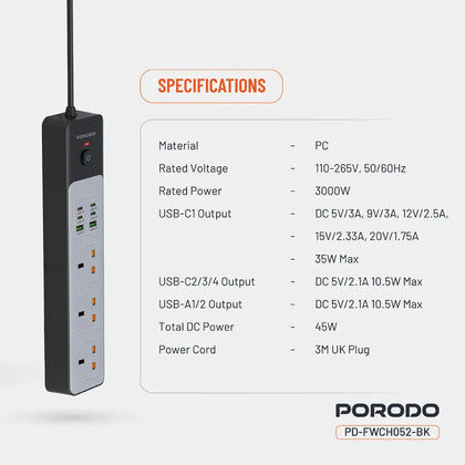Porodo 3AC | 45W | 300W Power Strip