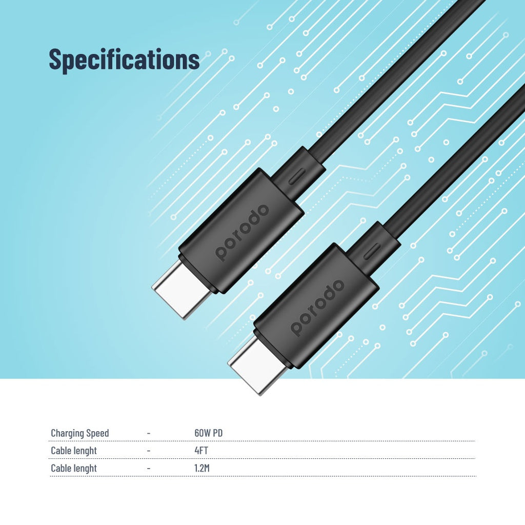 Porodo Blue USB-C To USB-C Cable Fast Charge & Data 1.2m/4ft