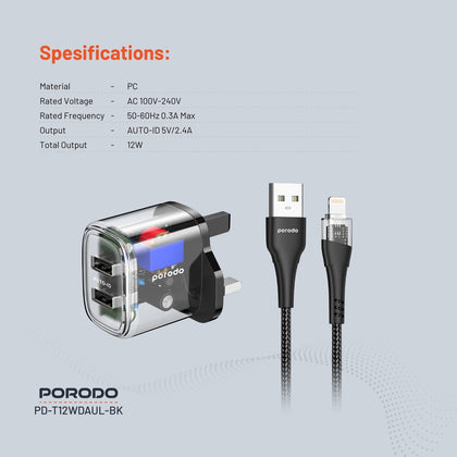 Porodo Dual Output Transparent Charger With 2.4A Auto ID Technology With USB-A To Lightning Cable 1.2m UK