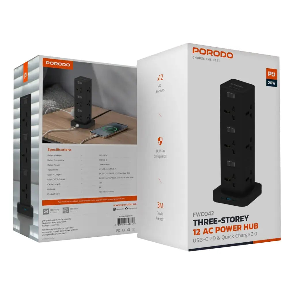 Porodo Three-Story 12AC Power Hub With USB-C PD & Quick Charge 3.0 ...