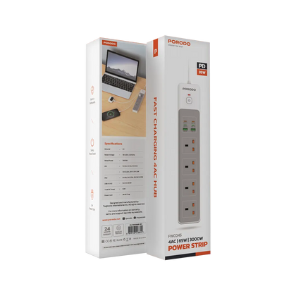 Porodo 4AC 65W 3000W Power Strip- White