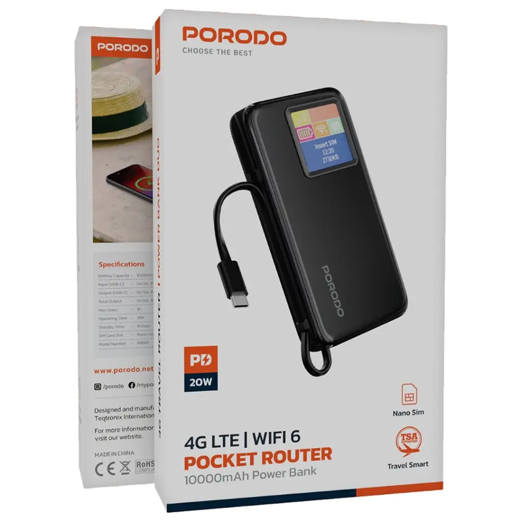 Porodo 4G LTE | WIFI 6 Pocket Router and 10000mAh Power Bank