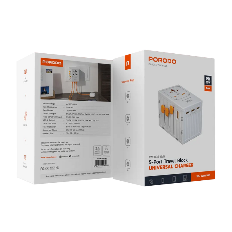 Porodo GaN 5-Port Travel Block Universal Charger