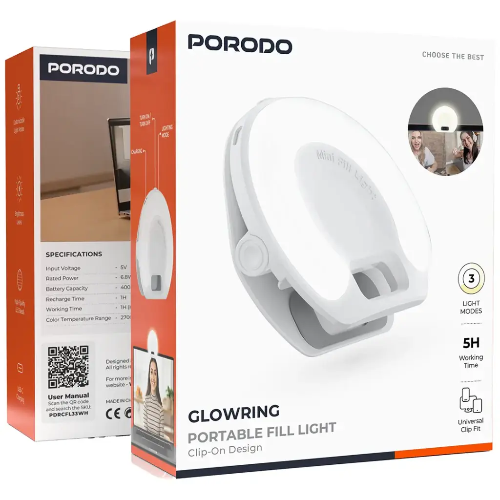 Porodo Glowring Portable Fill Light Clip-On Design