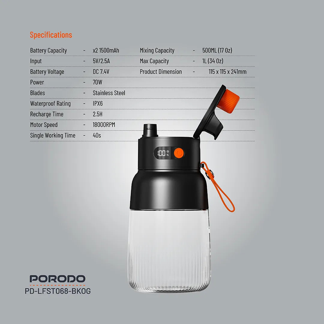 Porodo Lifestyle Blend & Sip Portable Blender - Black/Orange