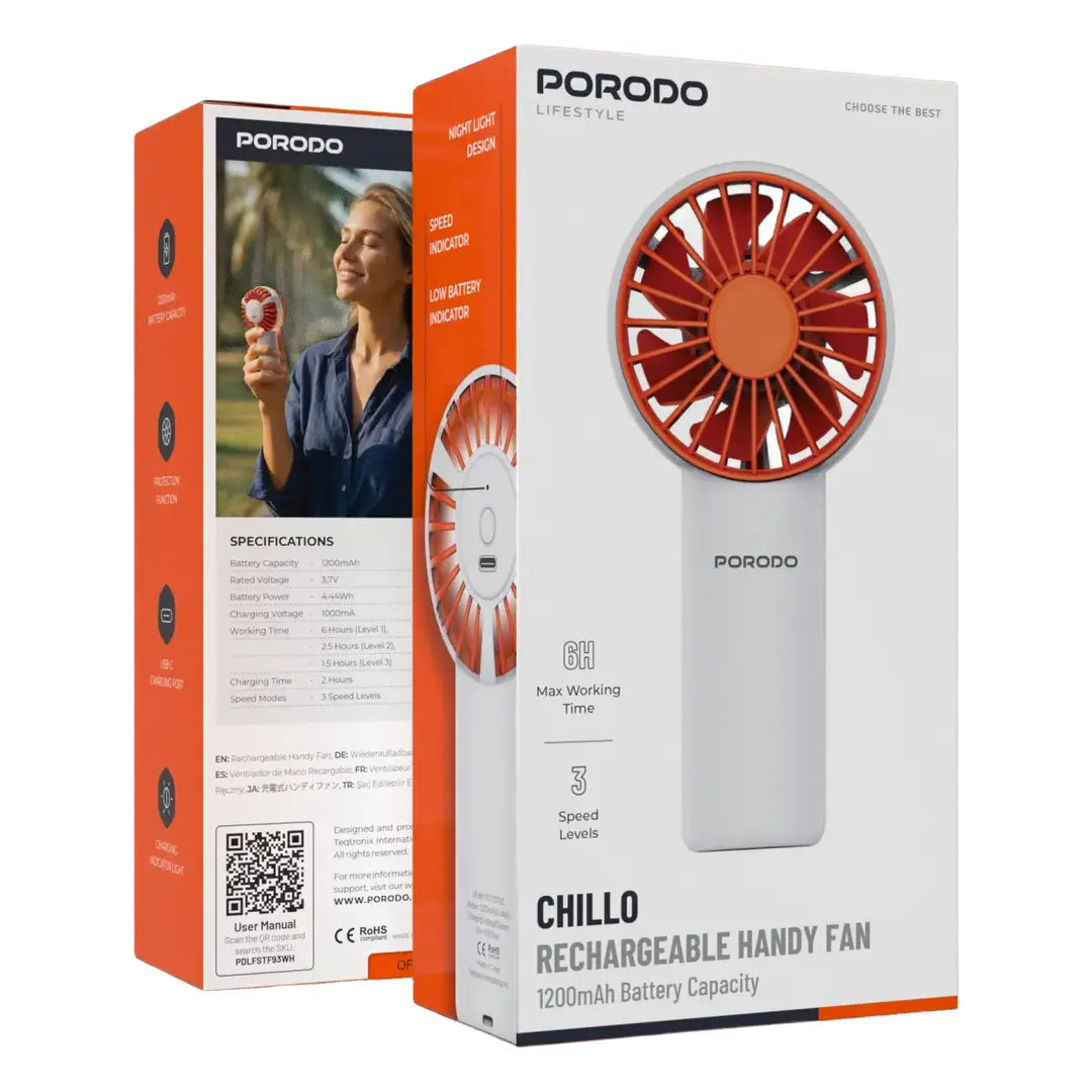 Porodo Lifestyle Chillo Rechargeable Handy Fan with 1200mAh Battery Capacity - White