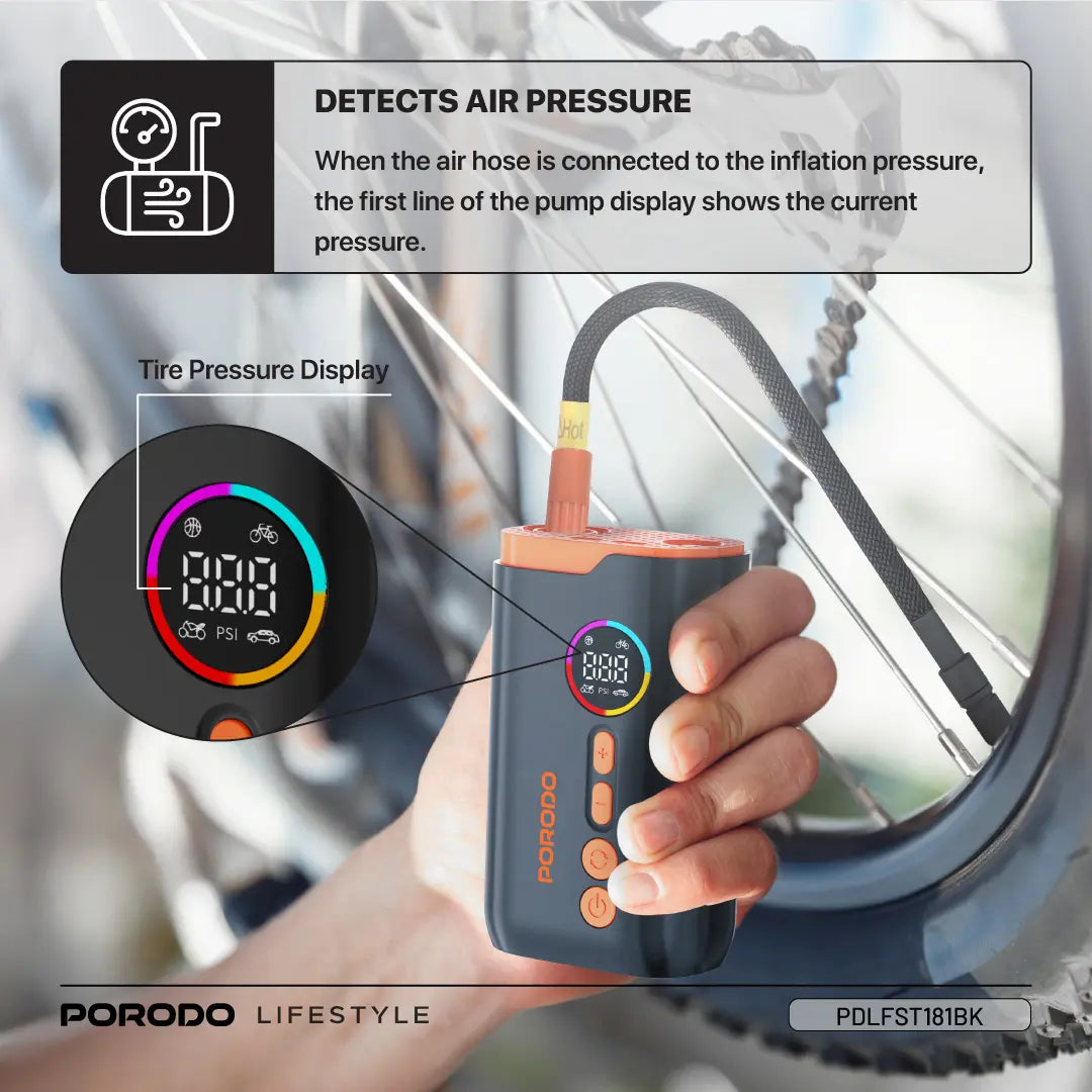 Porodo Lifestyle Electric Air Inflator With High-Pressure Power & Built-In Flashlight - Black