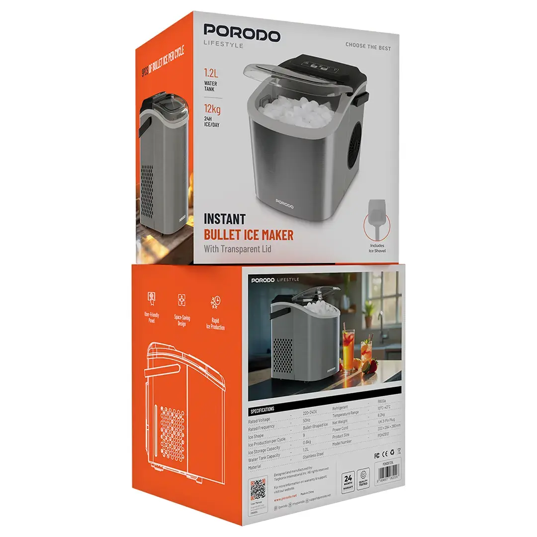 Porodo Lifestyle Instant Bullet Ice Maker With Transparent Lid - Silver