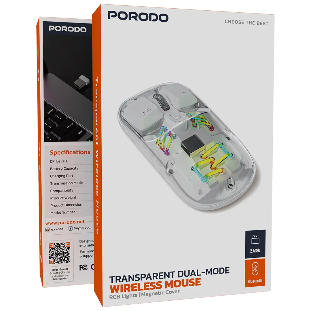 Porodo Transparent Dual-Mode Wireless Mouse RGB Light And Magnetic Cover