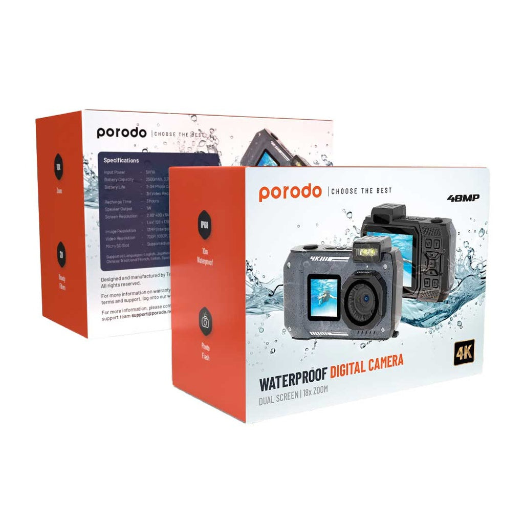 Porodo Waterproof Digital Camera Dual Screen & 18x Zoom