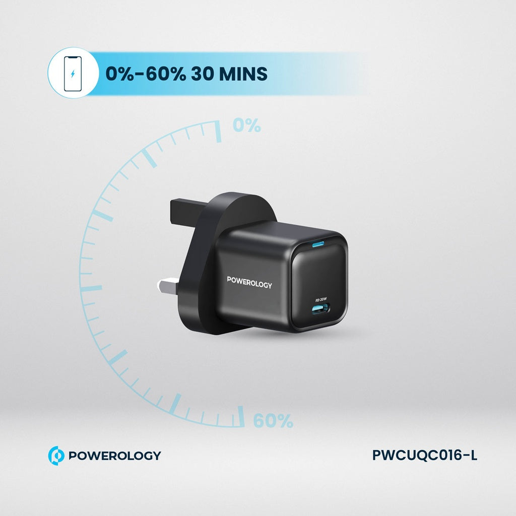 Powerology Ultra-Compact GaN Charger With USB-C To Lightning Cable 1.2m/4ft