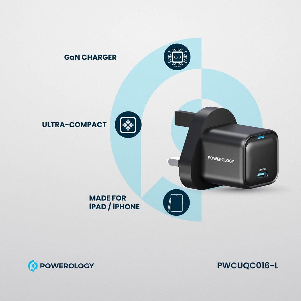 Powerology Ultra-Compact GaN Charger With USB-C To Lightning Cable 1.2m/4ft