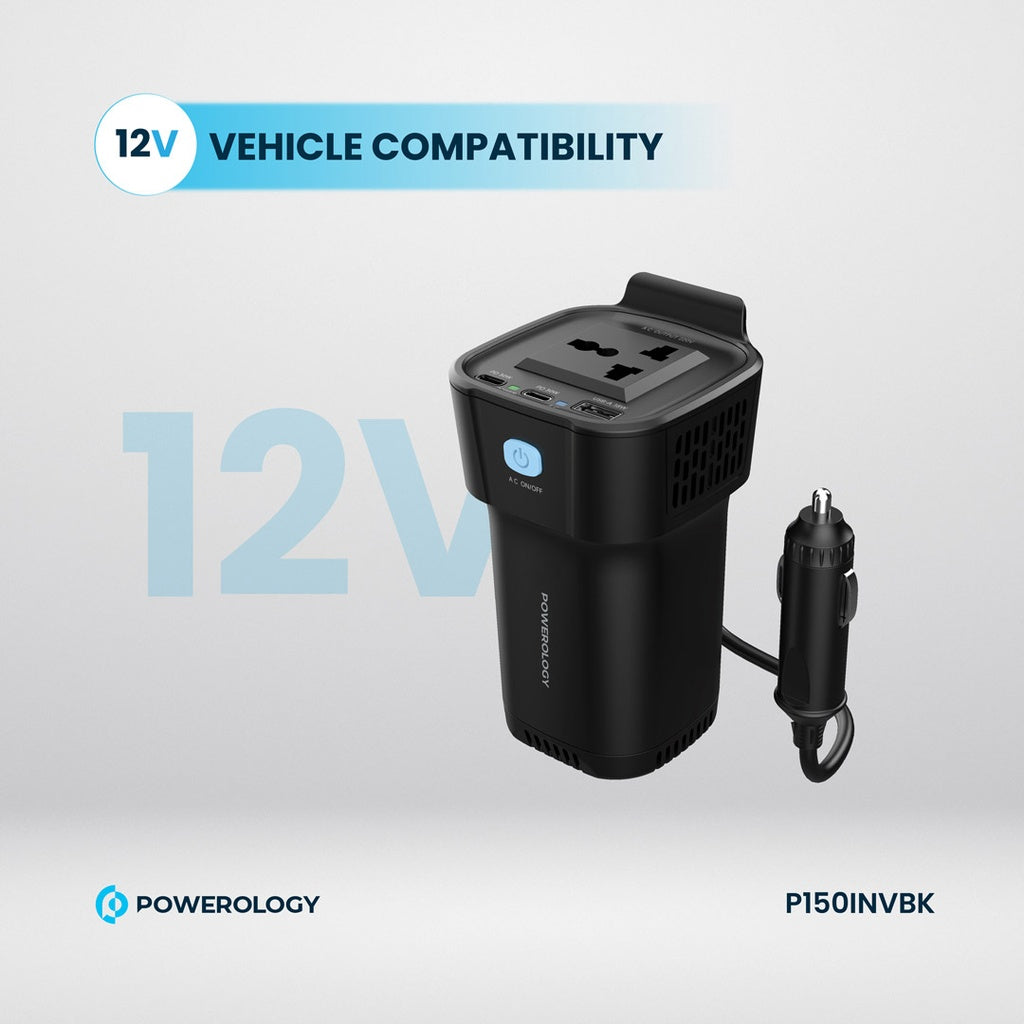 Powerology 150W Cup Holder Power Inverter Dual USB-C & USB-A QC3.0