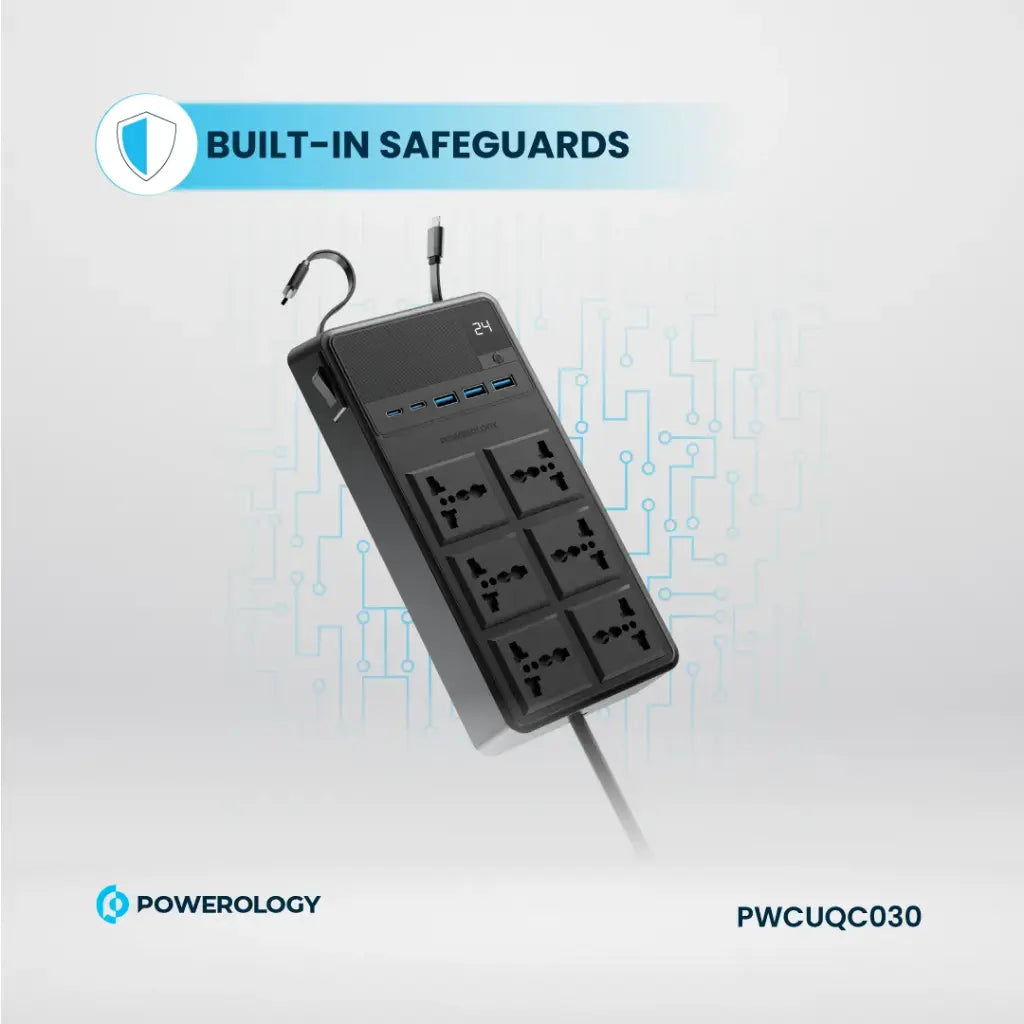 Powerology 2500W 6AC Power Strip with Built-In Retractable Cables - Black