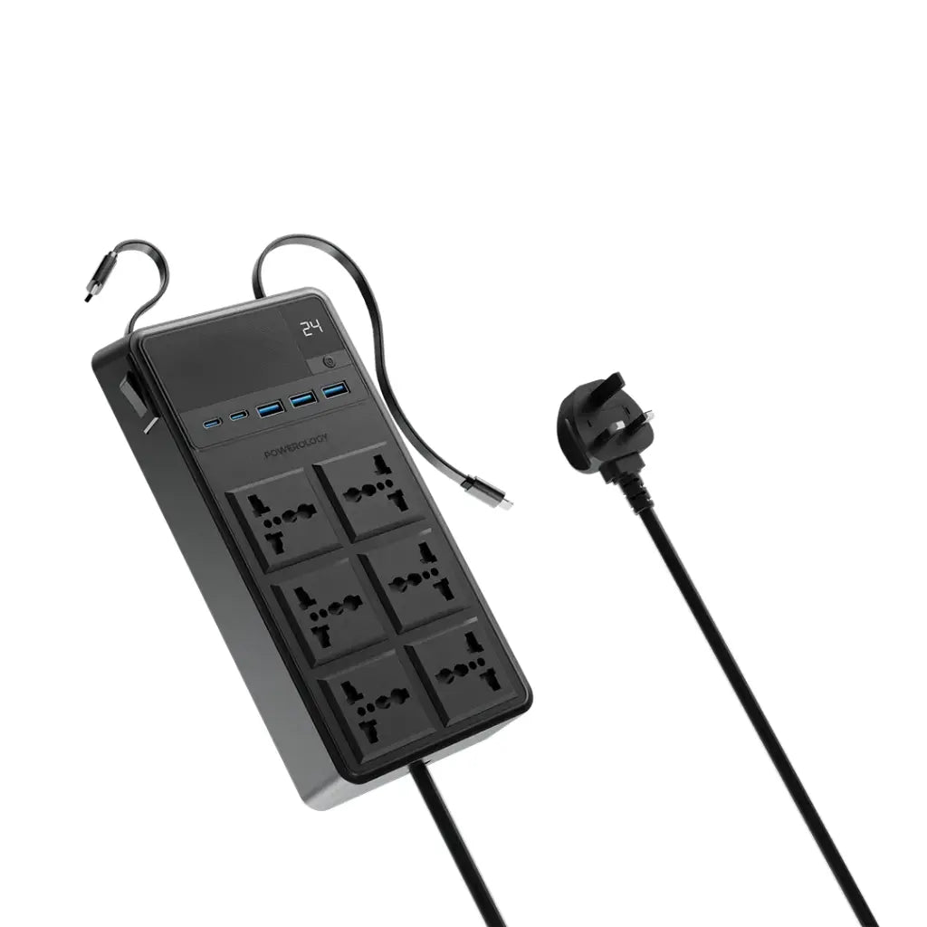 Powerology 2500W 6AC Power Strip with Built-In Retractable Cables - Black