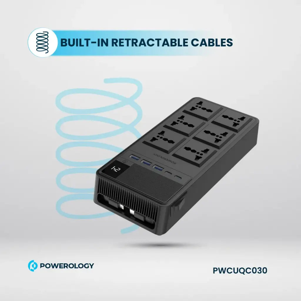 Powerology 2500W 6AC Power Strip with Built-In Retractable Cables - Black