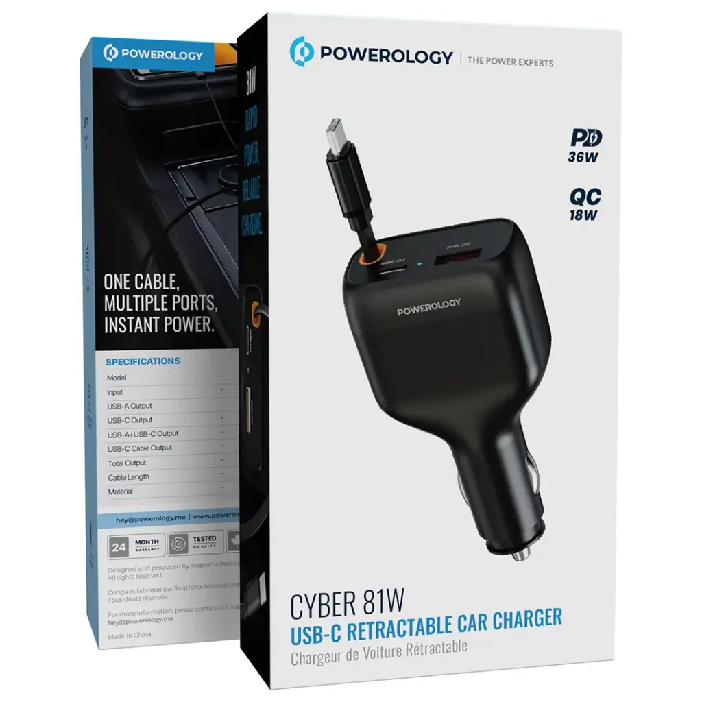 Powerology Cyber 81W USB - C Retractable Car Charger