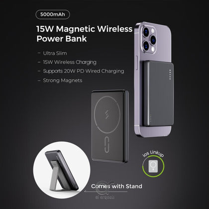 Brave Ultra Slim 10000mAh Magnetic Wireless Power Bank 15W With Stand,MagSafe Portable Charger – Grey
