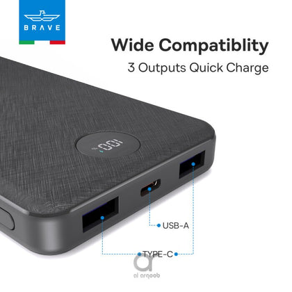 Brave 10000mAh Slim Power Bank 22.5W Fast Charging | PD3.0 & QC3.0 | Type-C + Dual USB-A Ports – Black