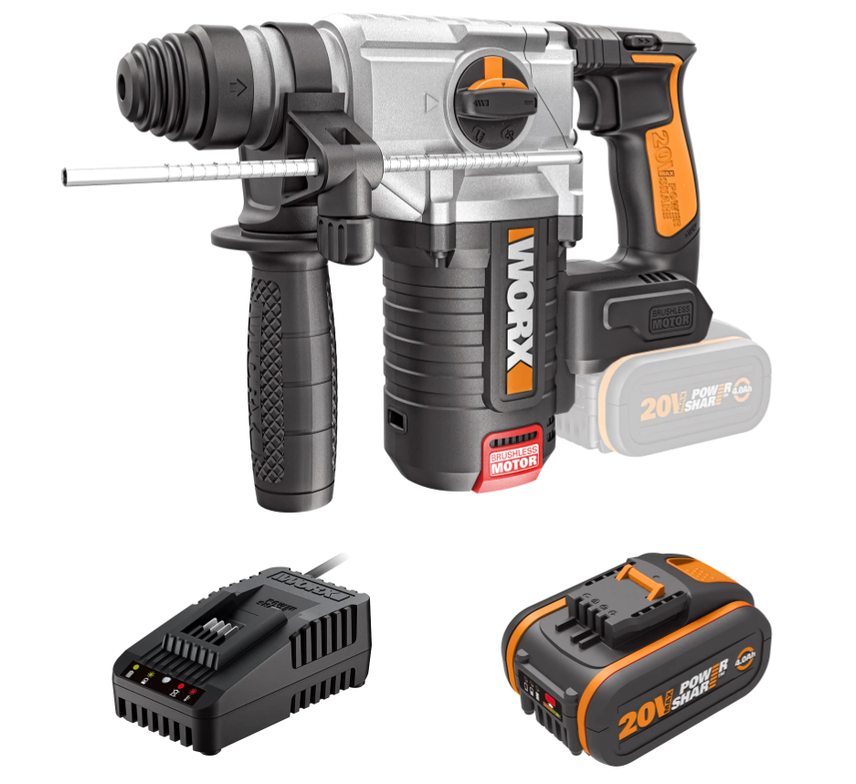 Worx - 20V Cordless Brushless 24mm 2 KG Rotary Hammer WX380.1 - IBF