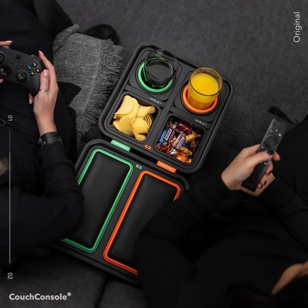 CouchConsole - Cup Holder with Phone Stand Tray (Light Orange)