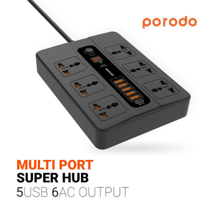Porodo - Multi-Socket With Timer x6 AC Sockets 10A and 1X QC3.0 x4 USB Outputs 36W
