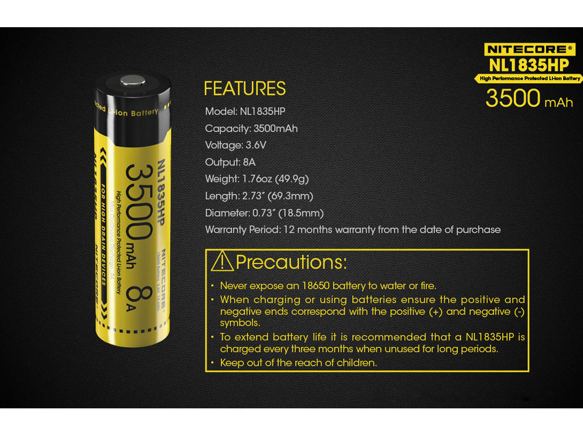 Nitecore - NL1835HP High Performance 18650 3.6v 8A Protected Battery - IBF