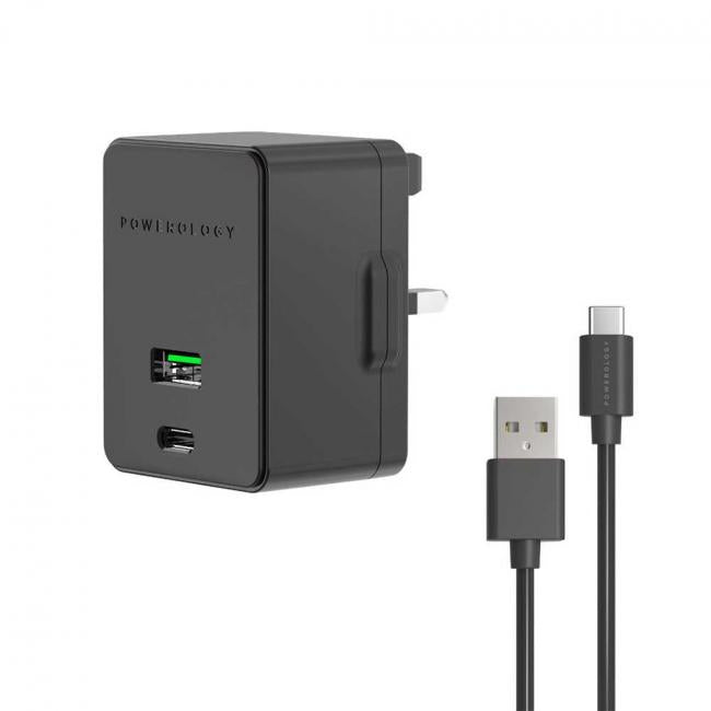 Powerology - Ultra-Quick PD Charger Dual Ports 36W with Type-C Cable 1.2m ( Black )